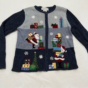Tiara International Christmas Sweater Zip Up Ugly Sweater Santa